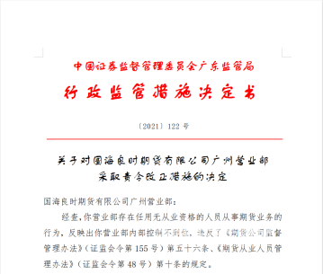 任用无业资格人员从事期货业务 国海良时期货一营业部遭监管责令改正